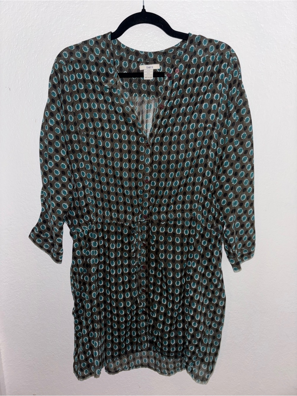 Green Teal Patterned Waist Drawstring Long Sleeve Dress